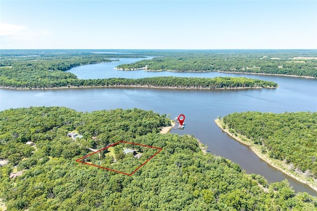 aerial view of property and surrounding area featuring a heavily wooded area, a large body of water, and property boundaries highlighted