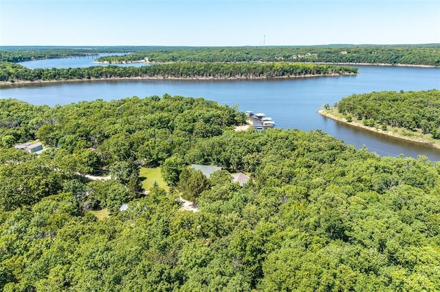 drone / aerial view of a heavily wooded area and a large body of water