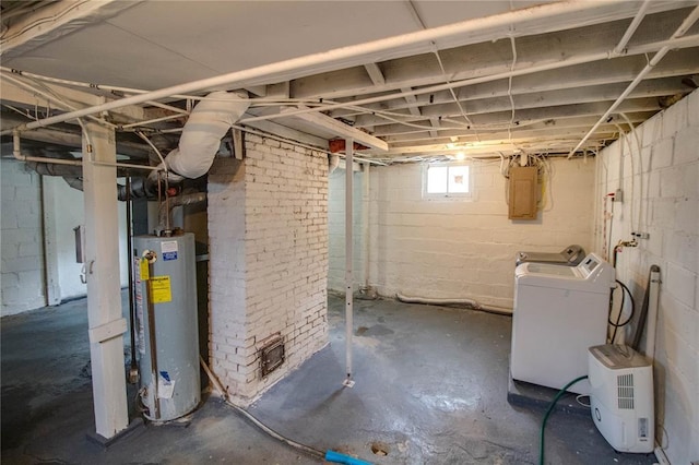 210 W Elm St, Alton, IL 62002 - below grade area featuring gas water heater, electric panel, and independent washer and dryer
