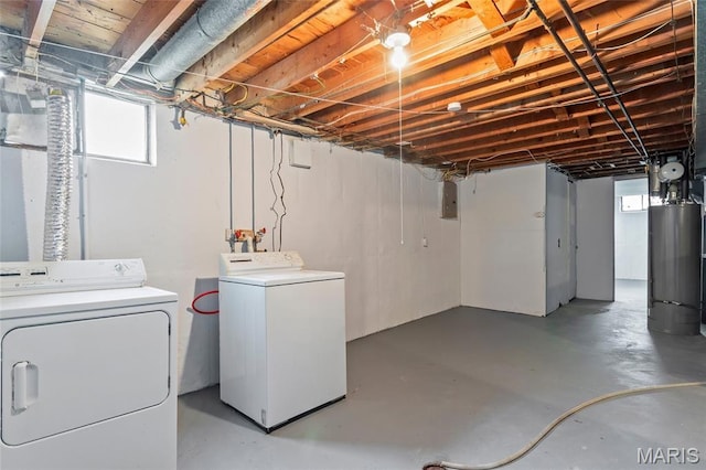 1321 Highmont Dr, Saint Louis, MO 63135 - below grade area featuring water heater, washing machine and dryer, plenty of natural light, and electric panel