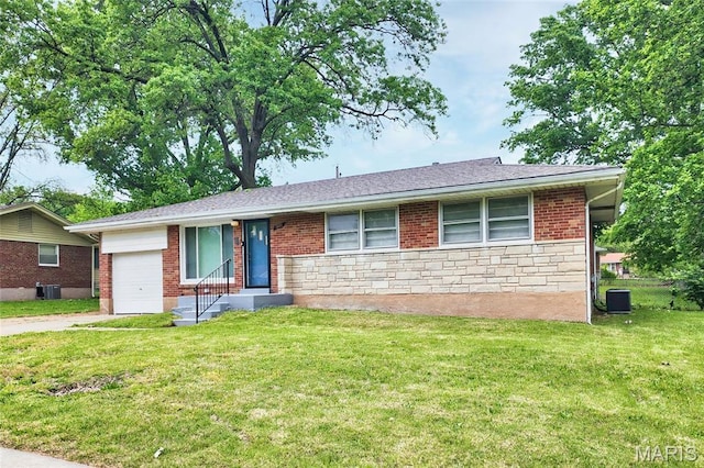 1321 Highmont Dr, Saint Louis, MO 63135 - ranch-style home with a front lawn, stone siding, an attached garage, driveway, and brick siding