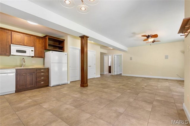 106 Tuscany Trace Dr, Saint Charles, MO 63303 - kitchen featuring white appliances, a sink, open shelves, a ceiling fan, and light countertops