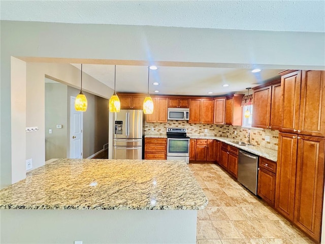 1202 S Mildred Ave, Salem, MO 65560 - kitchen featuring appliances with stainless steel finishes, a sink, tasteful backsplash, brown cabinetry, and light stone counters