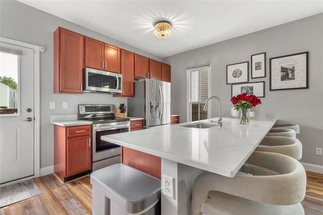 3481 New Town Lake Dr, Saint Charles, MO 63301 - kitchen with stainless steel appliances, light wood-style floors, baseboards, and a sink