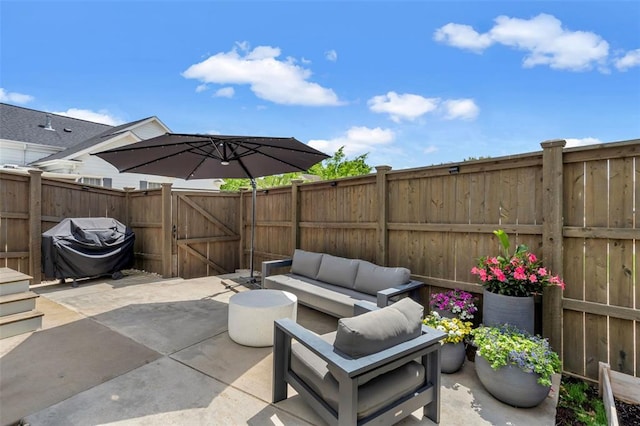 3481 New Town Lake Dr, Saint Charles, MO 63301 - fenced backyard with grilling area, a gate, a patio, and an outdoor living space