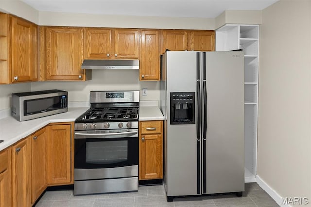 6446 Old Collinsville Rd, Ofallon, IL 62269 - kitchen with appliances with stainless steel finishes, under cabinet range hood, open shelves, light countertops, and brown cabinets