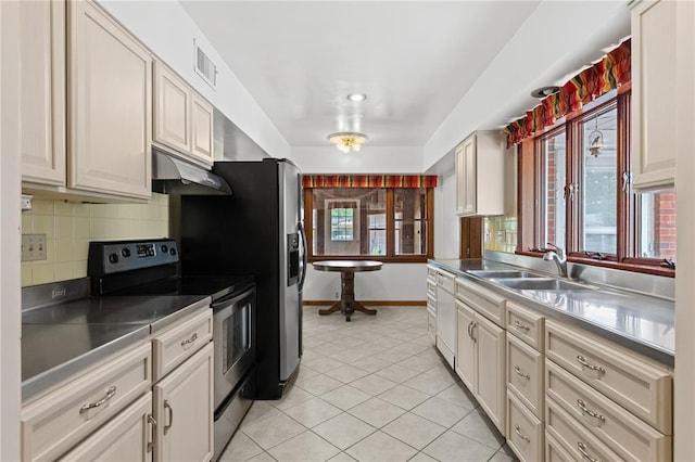 814 Pardee Rd, Godfrey, IL 62035 - kitchen with stainless steel countertops, stainless steel electric stove, under cabinet range hood, tasteful backsplash, and dishwasher