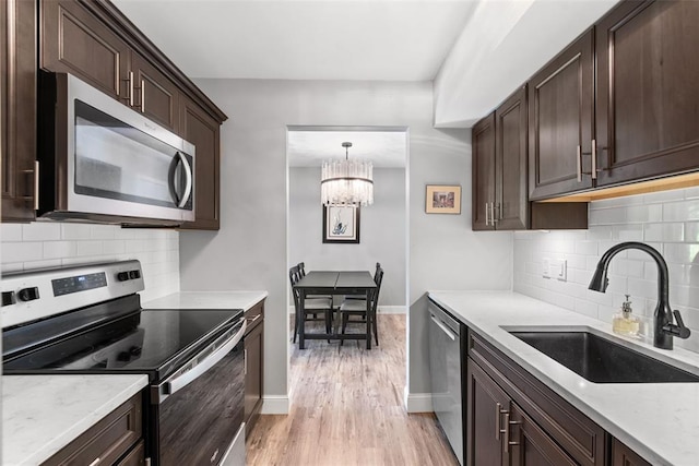 1491 Bobolink Pl, Brentwood, MO 63144 - kitchen with appliances with stainless steel finishes, a sink, dark brown cabinets, a chandelier, and backsplash