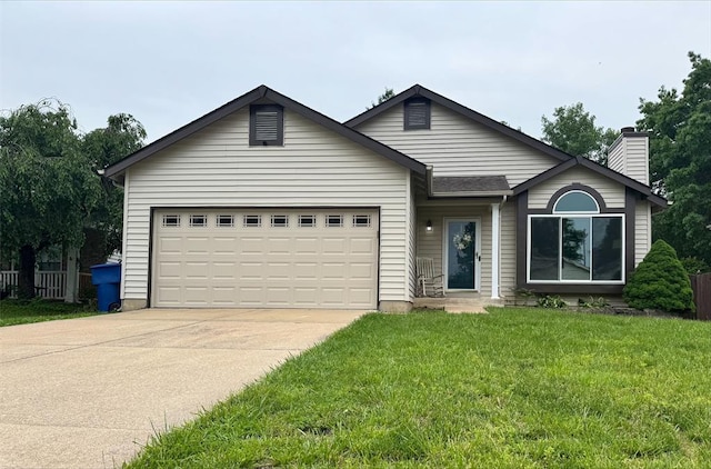 112 Hollow Creek Dr, Saint Peters, MO 63376 - ranch-style house with driveway, a front yard, a garage, and a chimney