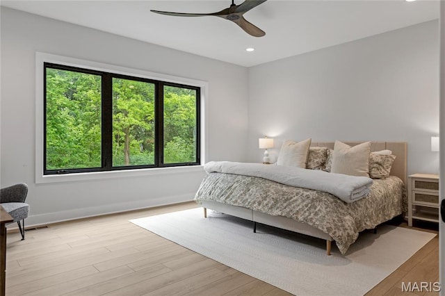 100 Enclave Terrace Ct, Weldon Spring, MO 63304 - bedroom featuring baseboards, light wood-style flooring, recessed lighting, and a ceiling fan
