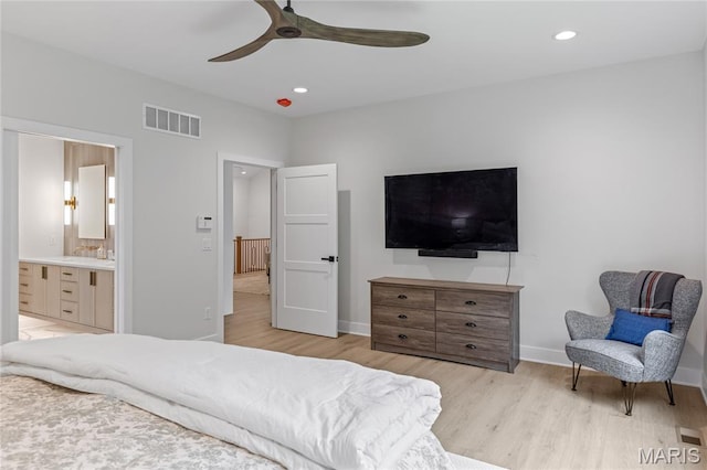 100 Enclave Terrace Ct, Weldon Spring, MO 63304 - bedroom featuring light wood-type flooring, baseboards, recessed lighting, ceiling fan, and ensuite bathroom