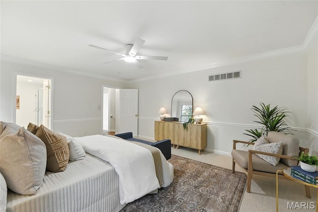973 Kylemore Dr, Ballwin, MO 63021 - bedroom featuring light carpet, ornamental molding, a ceiling fan, and baseboards