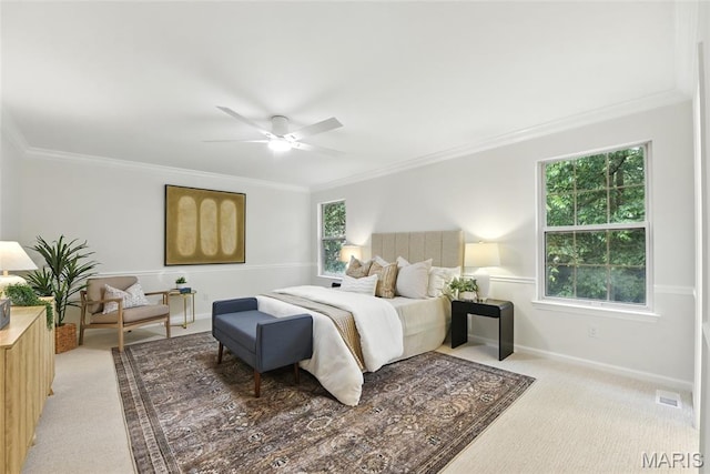 973 Kylemore Dr, Ballwin, MO 63021 - bedroom featuring carpet floors, ornamental molding, baseboards, and ceiling fan