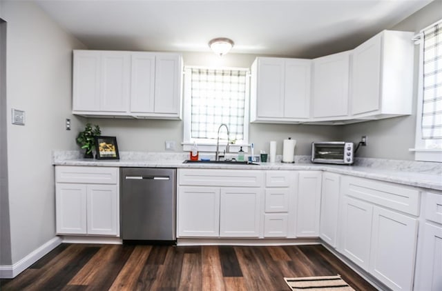 6195 Cedar Springs Rd, Cedar Hill, MO 63016 - kitchen with dishwasher, a sink, white cabinetry, dark wood-style flooring, and light stone counters