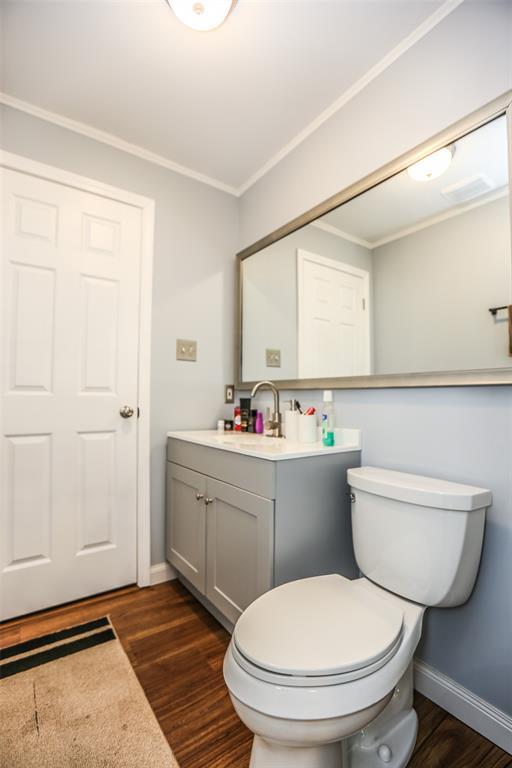 6195 Cedar Springs Rd, Cedar Hill, MO 63016 - bathroom with wood finished floors, vanity, baseboards, ornamental molding, and toilet