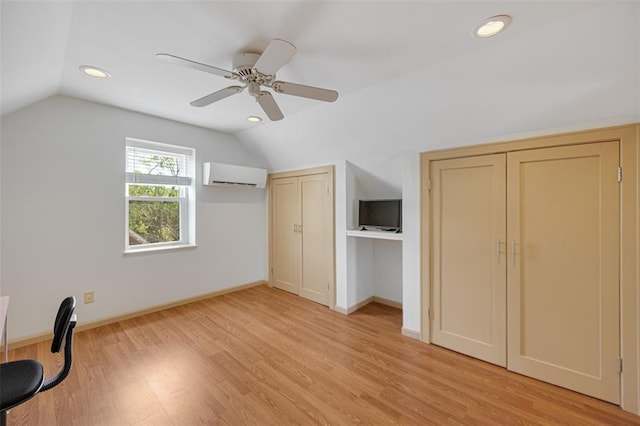 2831 Dunkirk Dr, Saint Louis, MO 63119 - unfurnished office featuring a wall mounted air conditioner, lofted ceiling, light wood-style floors, baseboards, and recessed lighting