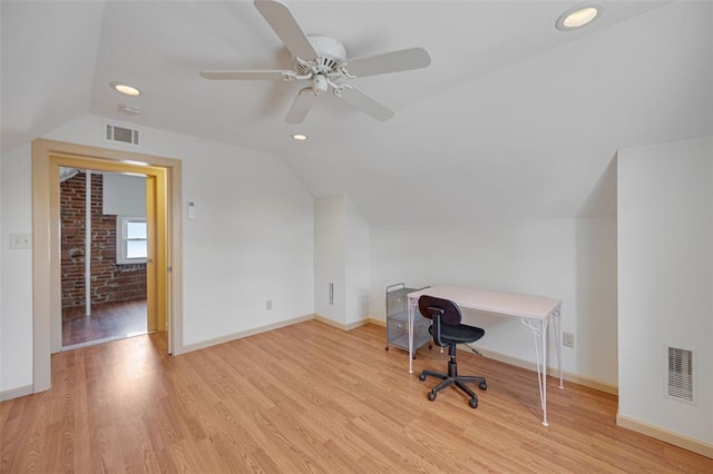 2831 Dunkirk Dr, Saint Louis, MO 63119 - unfurnished office with light wood-style floors, vaulted ceiling, baseboards, ceiling fan, and recessed lighting