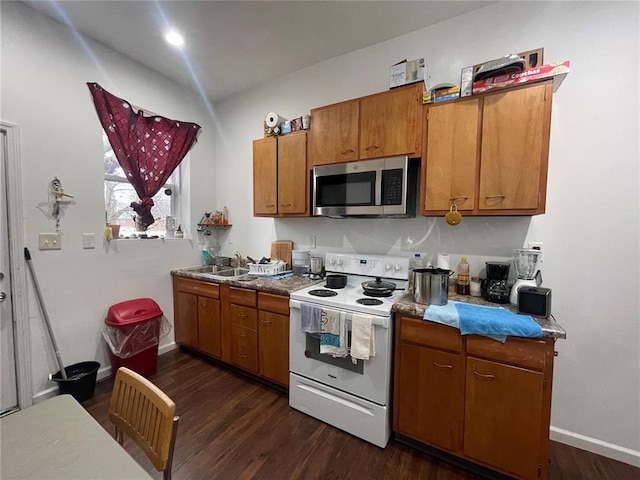 3819 Nebraska Ave, Saint Louis, MO 63118 - kitchen with stainless steel microwave, white range with electric stovetop, brown cabinets, dark wood-style flooring, and a sink