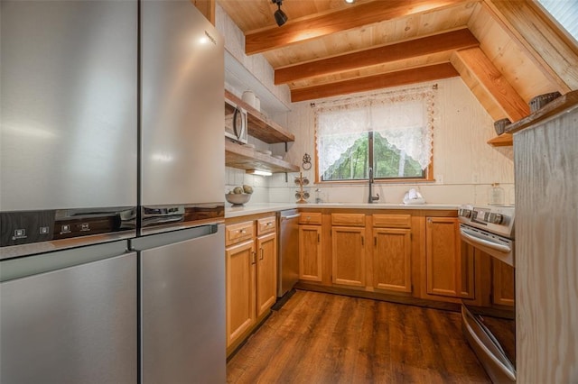 1129 Mitten Ridge Dr, Innsbrook, MO 63390 - kitchen with open shelves, appliances with stainless steel finishes, wood ceiling with exposed beams, dark wood-style flooring, and light countertops