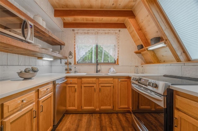 1129 Mitten Ridge Dr, Innsbrook, MO 63390 - kitchen featuring stainless steel appliances, open shelves, a sink, wooden ceiling with exposed beams, and wood finished floors