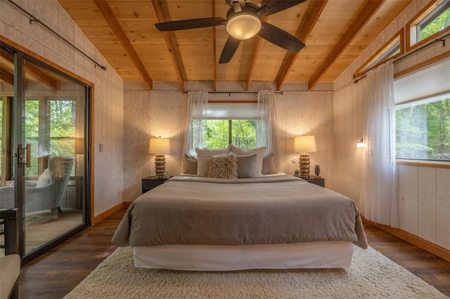 1129 Mitten Ridge Dr, Innsbrook, MO 63390 - bedroom with multiple windows, access to exterior, wood walls, wooden ceiling, and wood finished floors