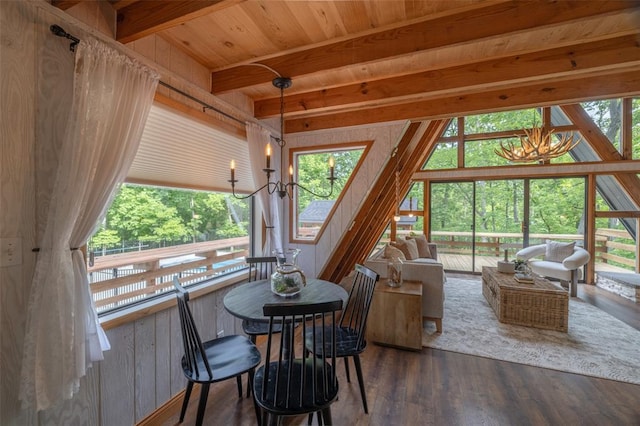 1129 Mitten Ridge Dr, Innsbrook, MO 63390 - dining room with a chandelier, plenty of natural light, wood finished floors, and wooden ceiling with exposed beams