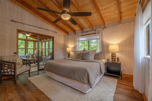 1129 Mitten Ridge Dr, Innsbrook, MO 63390 - bedroom featuring wood finished floors, multiple windows, access to outside, wooden ceiling with exposed beams, and high vaulted ceiling