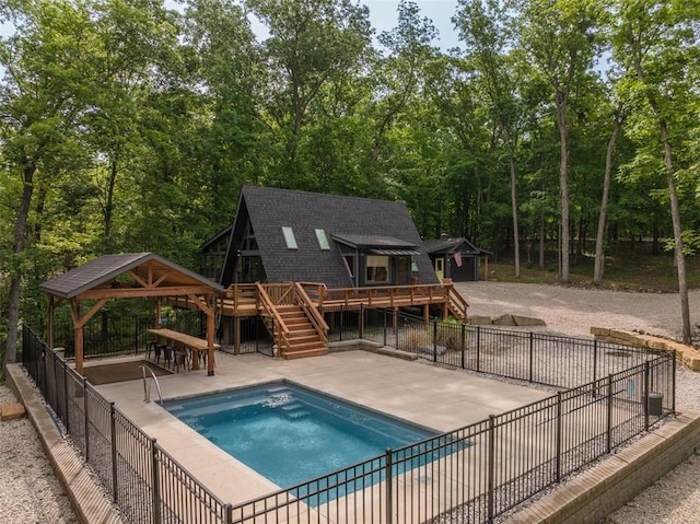 1129 Mitten Ridge Dr, Innsbrook, MO 63390 - view of swimming pool featuring stairs, a deck, a gazebo, and a patio area