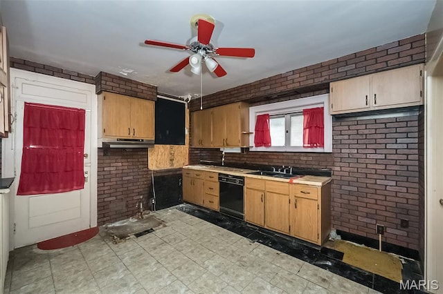4545 Alice Ave, Saint Louis, MO 63115 - kitchen featuring dishwasher, brick wall, under cabinet range hood, a ceiling fan, and light countertops