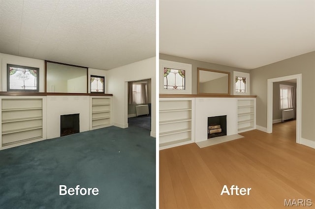 4545 Alice Ave, Saint Louis, MO 63115 - unfurnished living room with a fireplace with flush hearth, built in shelves, wood finished floors, and a textured ceiling
