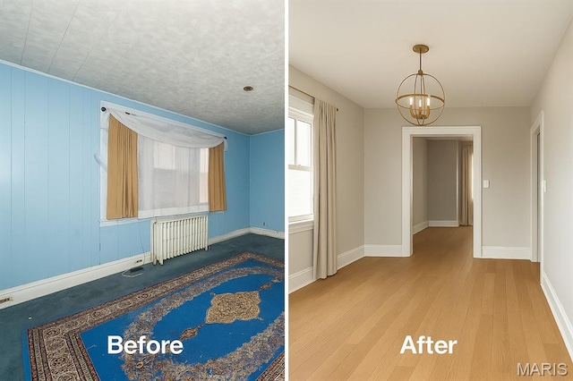4545 Alice Ave, Saint Louis, MO 63115 - additional living space with a chandelier, wood finished floors, and radiator heating unit