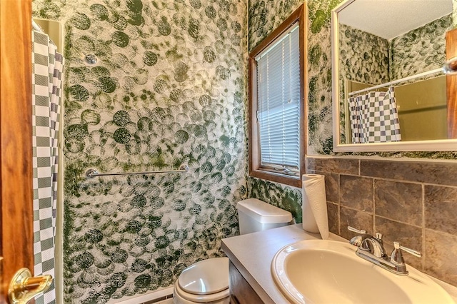21509 Rockwell Dr, Lebanon, MO 65536 - full bath with wallpapered walls, toilet, vanity, and curtained shower