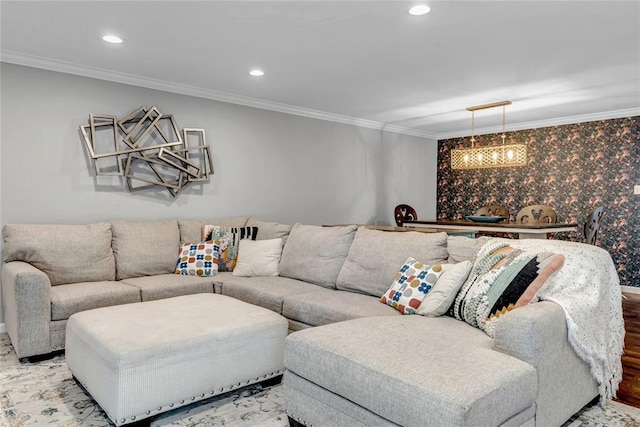 402 Glan Tai Dr, Manchester, MO 63011 - living room featuring crown molding, recessed lighting, wood finished floors, and a chandelier