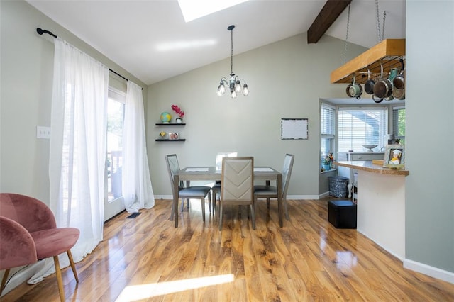 4 Aken Ct, Saint Peters, MO 63376 - dining room featuring beamed ceiling, a chandelier, plenty of natural light, wood finished floors, and baseboards