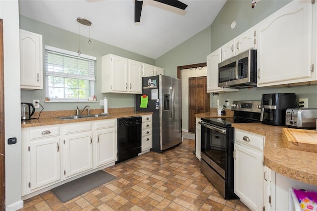 4 Aken Ct, Saint Peters, MO 63376 - kitchen featuring appliances with stainless steel finishes, a sink, white cabinets, vaulted ceiling, and ceiling fan