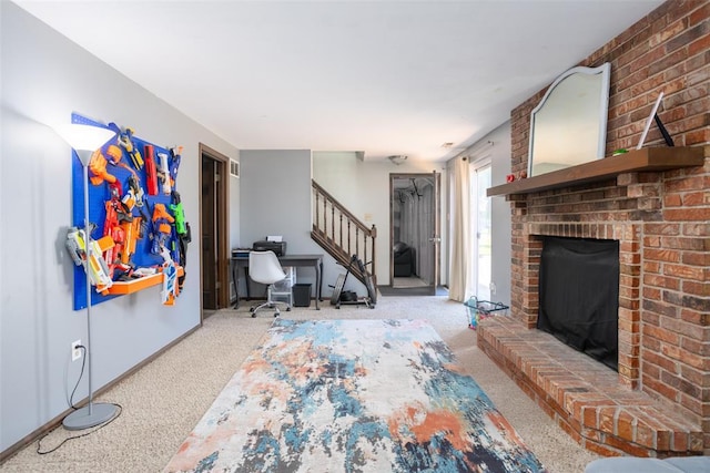 4 Aken Ct, Saint Peters, MO 63376 - carpeted living area with stairs, a brick fireplace, and baseboards