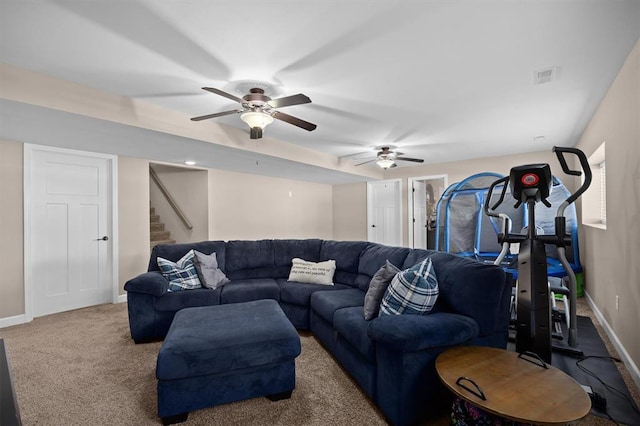 536 W 5th St, Saint Jacob, IL 62281 - carpeted living room with a ceiling fan, stairs, and baseboards