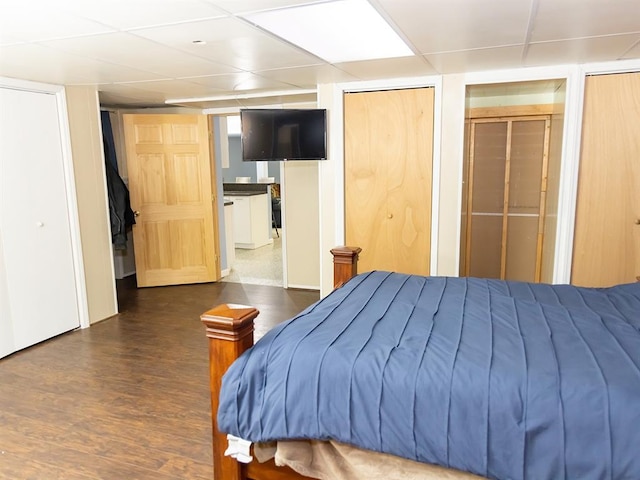 3930 Commanche Ave, Hannibal, MO 63401 - bedroom featuring dark wood-style floors, a drop ceiling, and two closets
