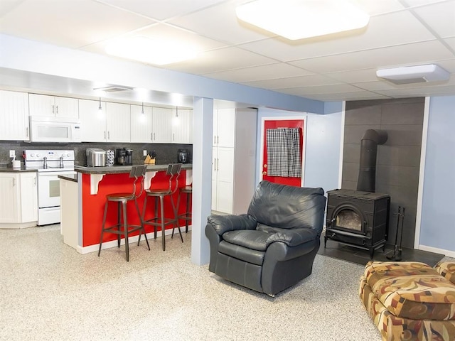 3930 Commanche Ave, Hannibal, MO 63401 - living room featuring a wood stove and a drop ceiling