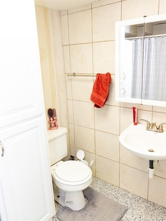3930 Commanche Ave, Hannibal, MO 63401 - bathroom with speckle patterned floor, toilet, tile walls, a sink, and a shower with shower curtain