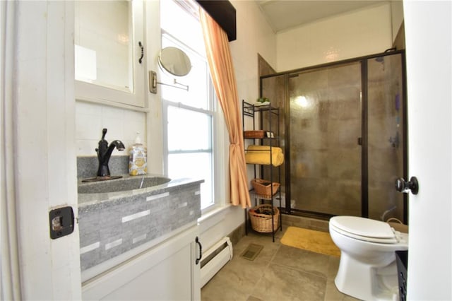 full bathroom with a baseboard radiator, a shower stall, toilet, and vanity