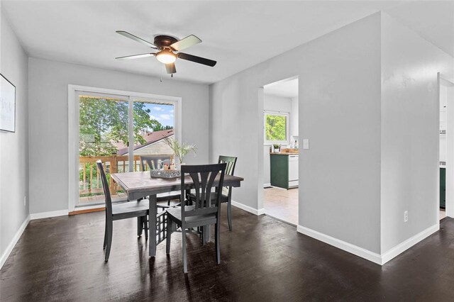 dining area featuring plenty of natural light, a ceiling fan, baseboards, and dark wood-type flooring