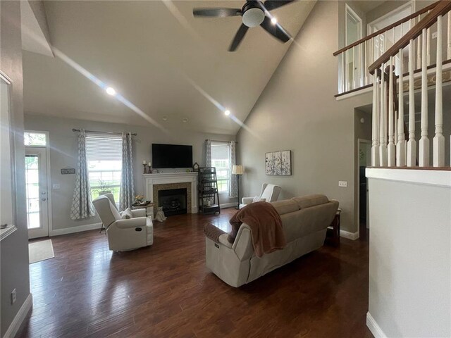 835 Bay Hill Blvd, Union, MO 63084 - living room featuring healthy amount of natural light, baseboards, ceiling fan, and high vaulted ceiling