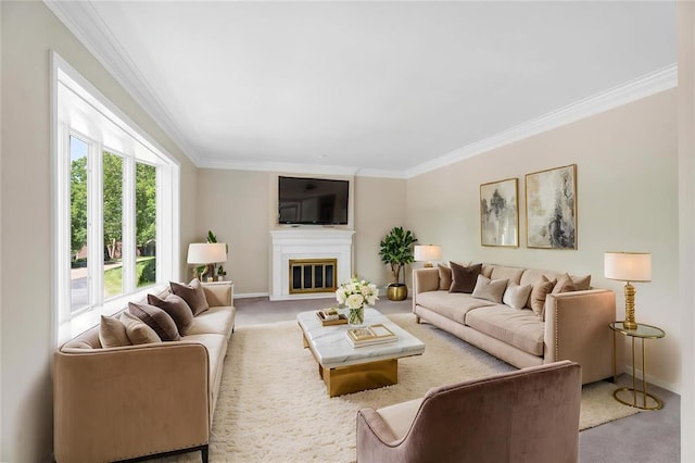 9216 Matthews Ln, Sunset Hills, MO 63127 - living area with crown molding, carpet, baseboards, and a glass covered fireplace