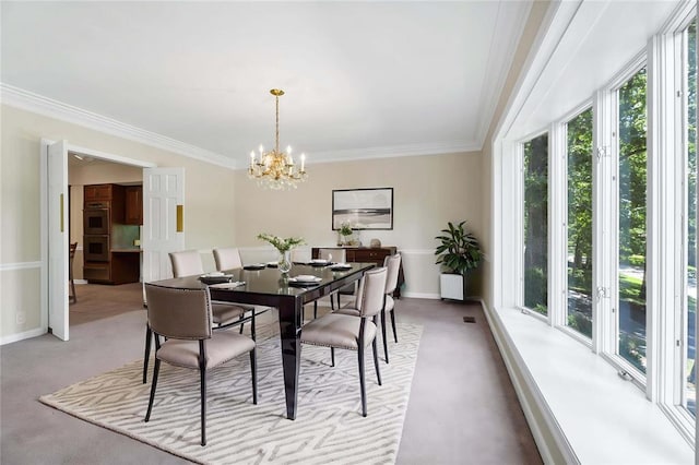 9216 Matthews Ln, Sunset Hills, MO 63127 - dining space featuring a chandelier, radiator, crown molding, carpet flooring, and baseboards
