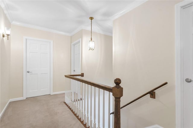 9216 Matthews Ln, Sunset Hills, MO 63127 - corridor featuring an upstairs landing, carpet floors, baseboards, and crown molding