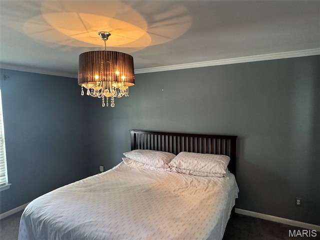 2828 Rutger St, Saint Louis, MO 63104 - bedroom with dark colored carpet, baseboards, ornamental molding, and a chandelier