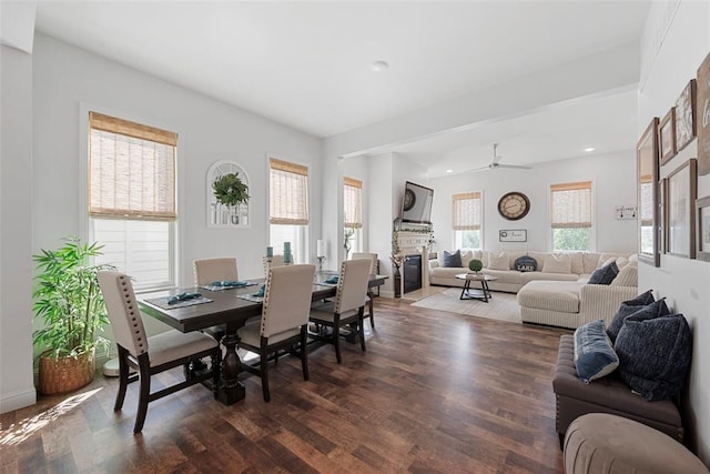 1017 Kilderkin Way, Saint Charles, MO 63301 - dining area featuring a glass covered fireplace, wood finished floors, recessed lighting, and ceiling fan
