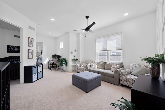 1017 Kilderkin Way, Saint Charles, MO 63301 - living area with light colored carpet, ceiling fan, and recessed lighting