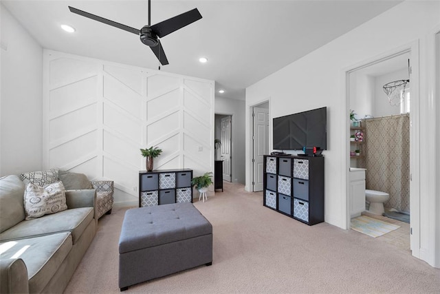1017 Kilderkin Way, Saint Charles, MO 63301 - carpeted living area featuring a ceiling fan and recessed lighting